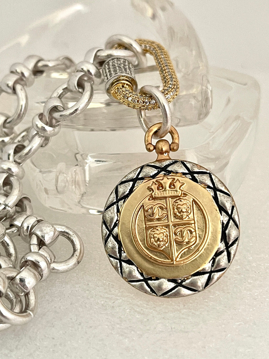 Silver Chain Necklace – French Coin Pendant, Micro Pave Carabiner Clasp