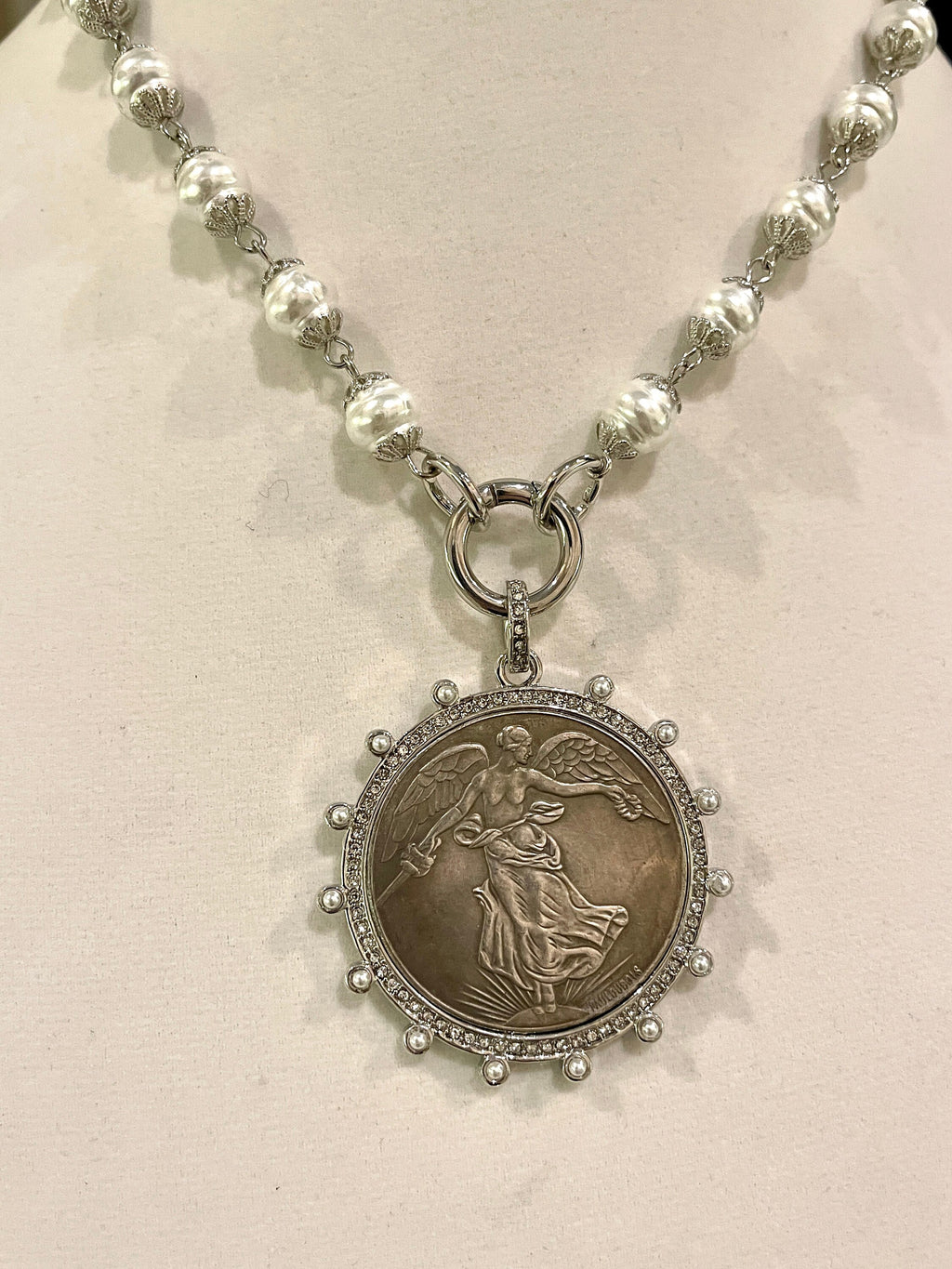 Silver Vintage Coin Necklace-Porcelain Pearl Chain Necklace-Reproduction Coin Pendant-Pearl and Cubic Zirconia Bezel Coin-Spring Lock Clasp