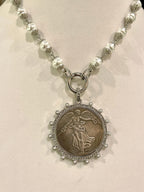 Silver Vintage Coin Necklace-Porcelain Pearl Chain Necklace-Reproduction Coin Pendant-Pearl and Cubic Zirconia Bezel Coin-Spring Lock Clasp