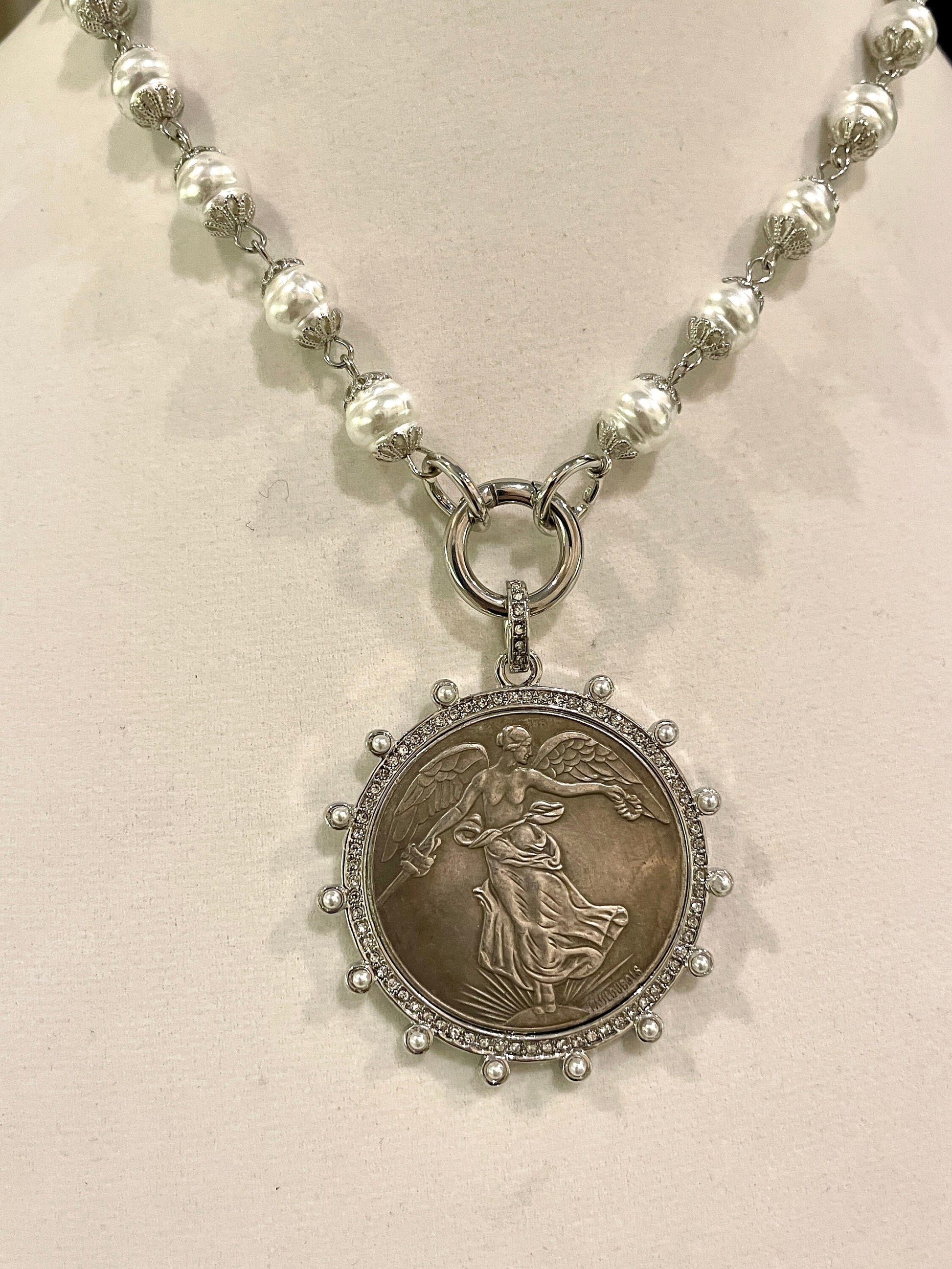 Silver Vintage Coin Necklace-Porcelain Pearl Chain-Pearl and Zirconia