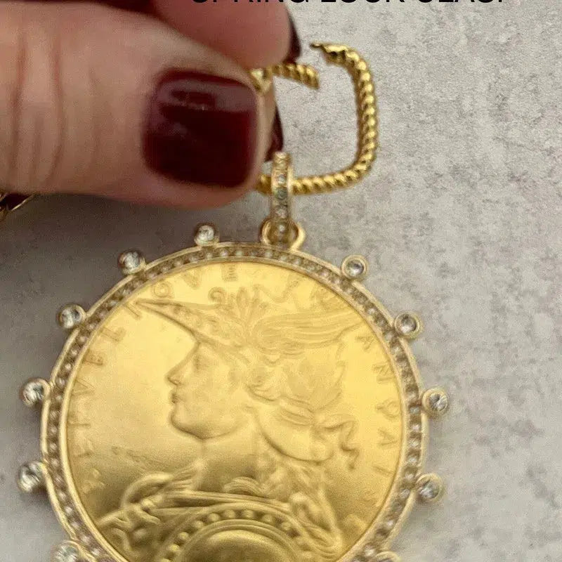 Gold Coin Necklace-Multi Link Chain Necklace-Reproduction Vintage French Madagascar Coin Pendant-Cubic Zirconia Bezel Coin-Spring Lock Clasp