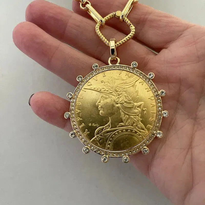 Gold Coin Necklace-Multi Link Chain Necklace-Reproduction Vintage French Madagascar Coin Pendant-Cubic Zirconia Bezel Coin-Spring Lock Clasp