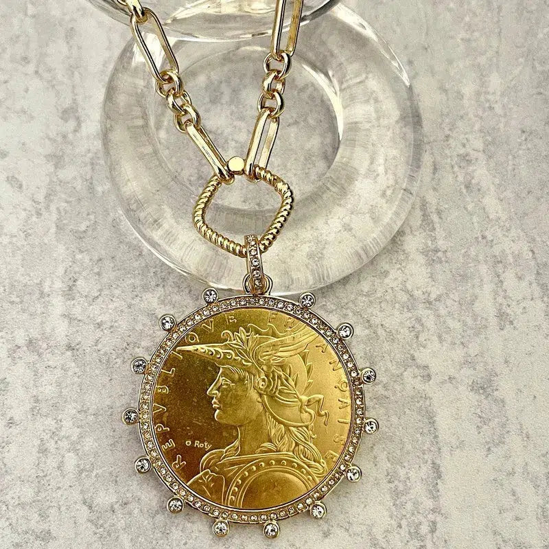 Gold Coin Necklace-Multi Link Chain Necklace-Reproduction Vintage French Madagascar Coin Pendant-Cubic Zirconia Bezel Coin-Spring Lock Clasp