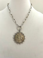 Vintage Coin Necklace-Silver Paperclip Chain-Reproduction French Madagascar Coin Pendant-Cubic Zirconia Bezel Coin-Spring Lock Clasp