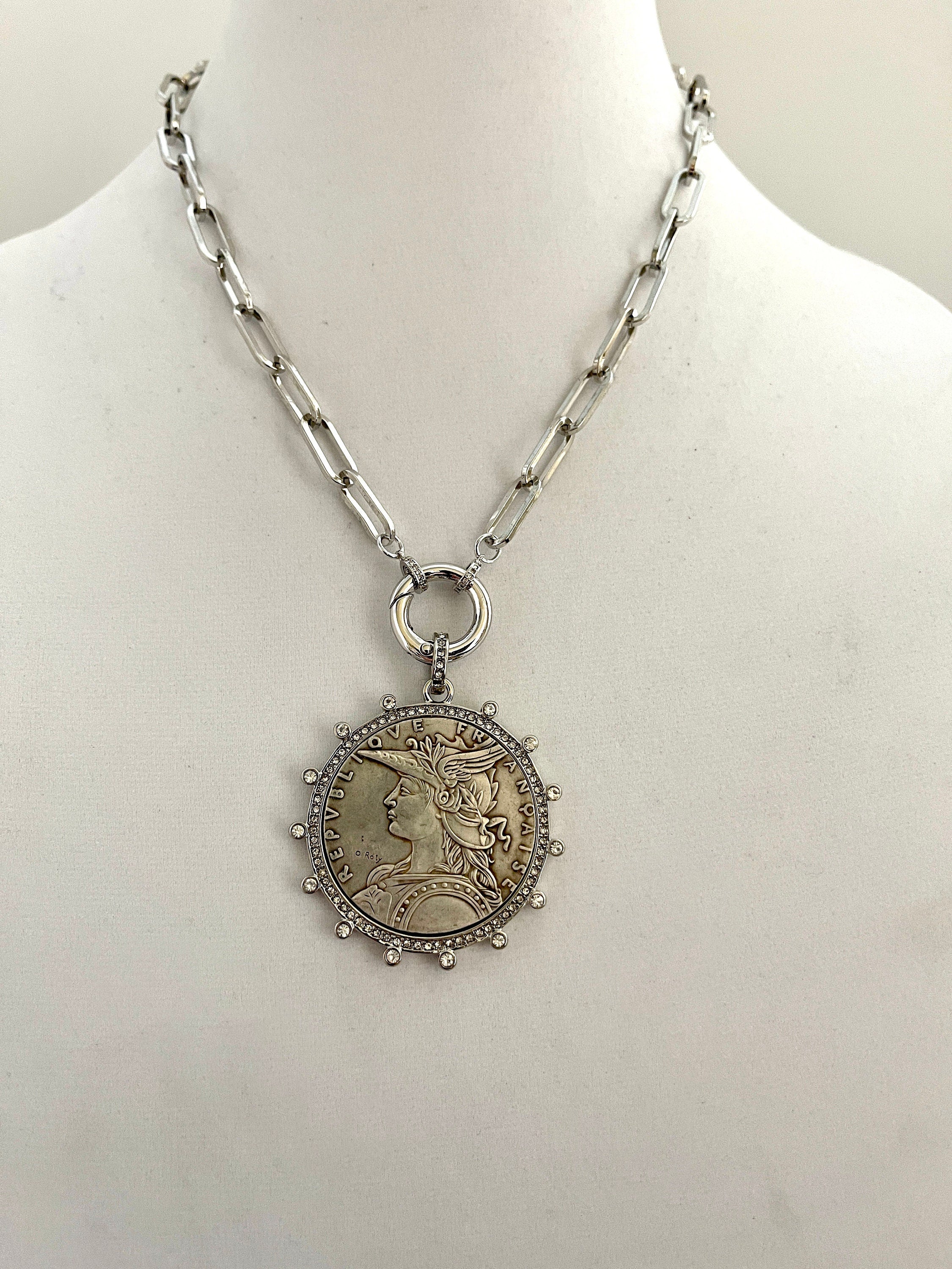 Vintage Coin Necklace-Silver Paperclip Chain-Reproduction French Madagascar Coin Pendant-Cubic Zirconia Bezel Coin-Spring Lock Clasp