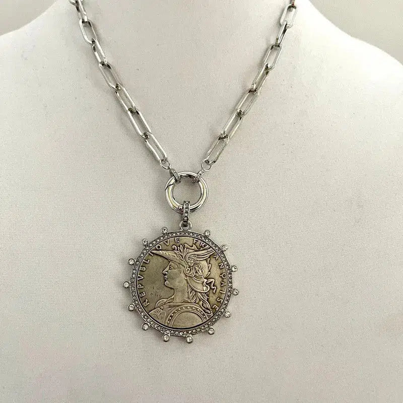 Vintage Coin Necklace-Silver Paperclip Chain-Reproduction French Madagascar Coin Pendant-Cubic Zirconia Bezel Coin-Spring Lock Clasp