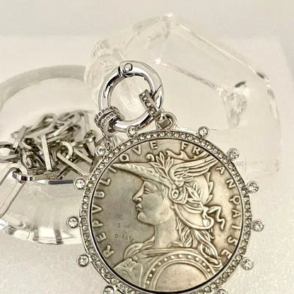 Vintage Coin Necklace-Silver Paperclip Chain-Reproduction French Madagascar Coin Pendant-Cubic Zirconia Bezel Coin-Spring Lock Clasp