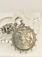 Vintage Coin Necklace-Silver Paperclip Chain-Reproduction French Madagascar Coin Pendant-Cubic Zirconia Bezel Coin-Spring Lock Clasp