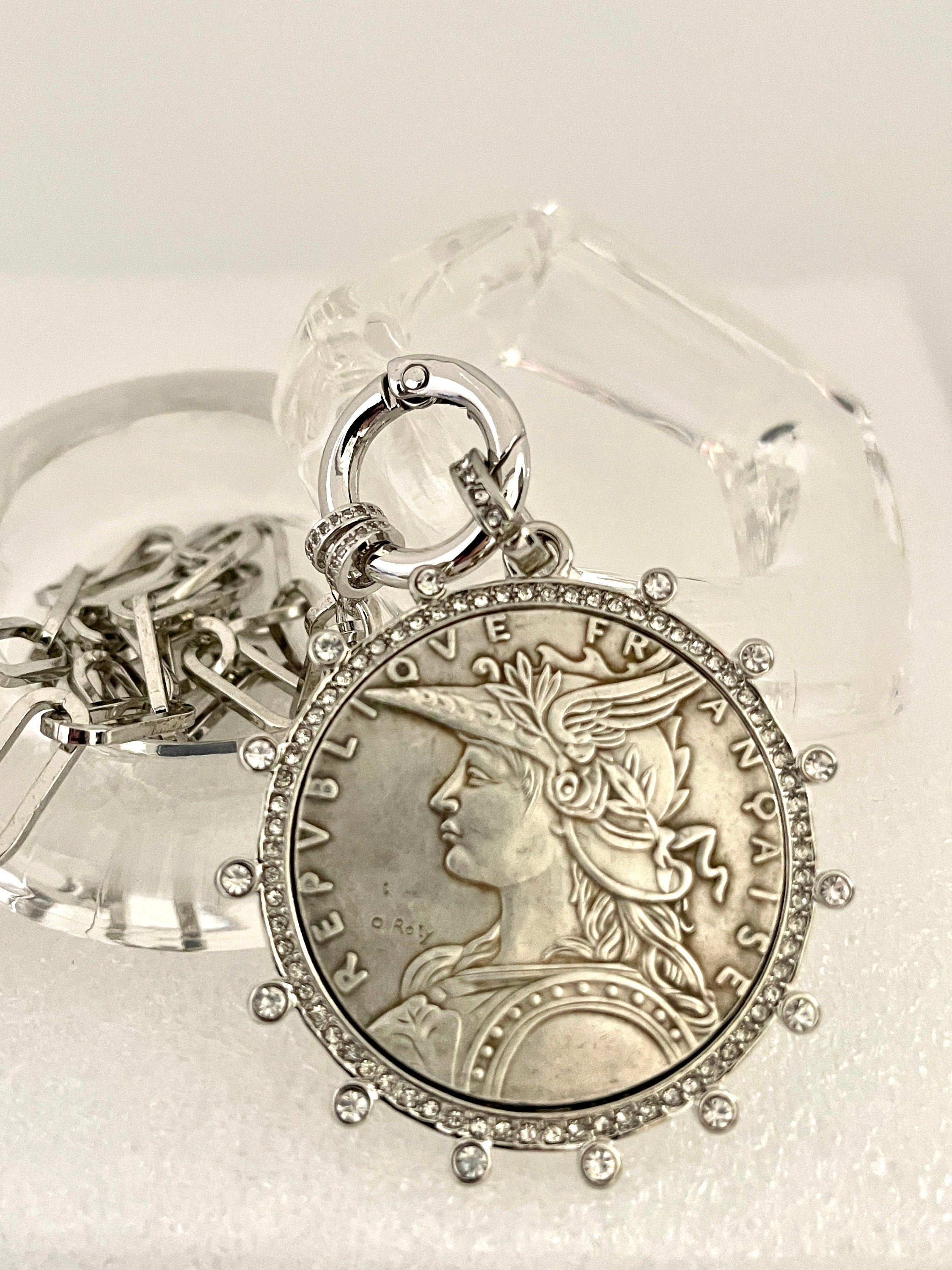 Vintage Coin Necklace-Silver Paperclip Chain-Reproduction French Madagascar Coin Pendant-Cubic Zirconia Bezel Coin-Spring Lock Clasp