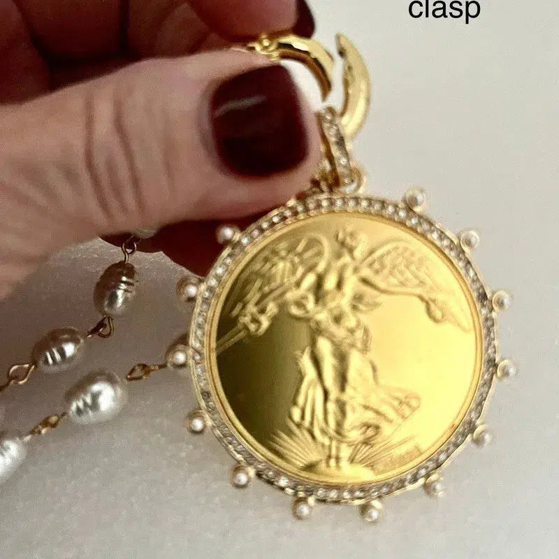 Gold French Coin Pendant-Porcelain Replica Pearl Necklace-Reproduction Commemorative Medal-Bezel w/Pearl and CZ-Spring Lock Clasp