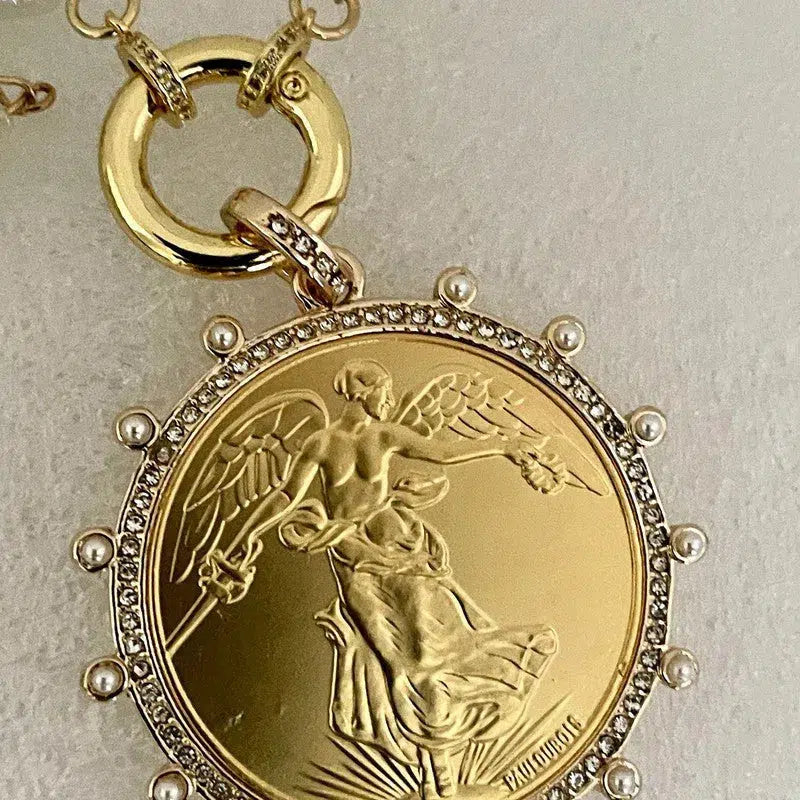 Gold French Coin Pendant-Porcelain Replica Pearl Necklace-Reproduction Commemorative Medal-Bezel w/Pearl and CZ-Spring Lock Clasp