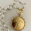 Gold French Coin Pendant-Porcelain Replica Pearl Necklace-Reproduction Commemorative Medal-Bezel w/Pearl and CZ-Spring Lock Clasp