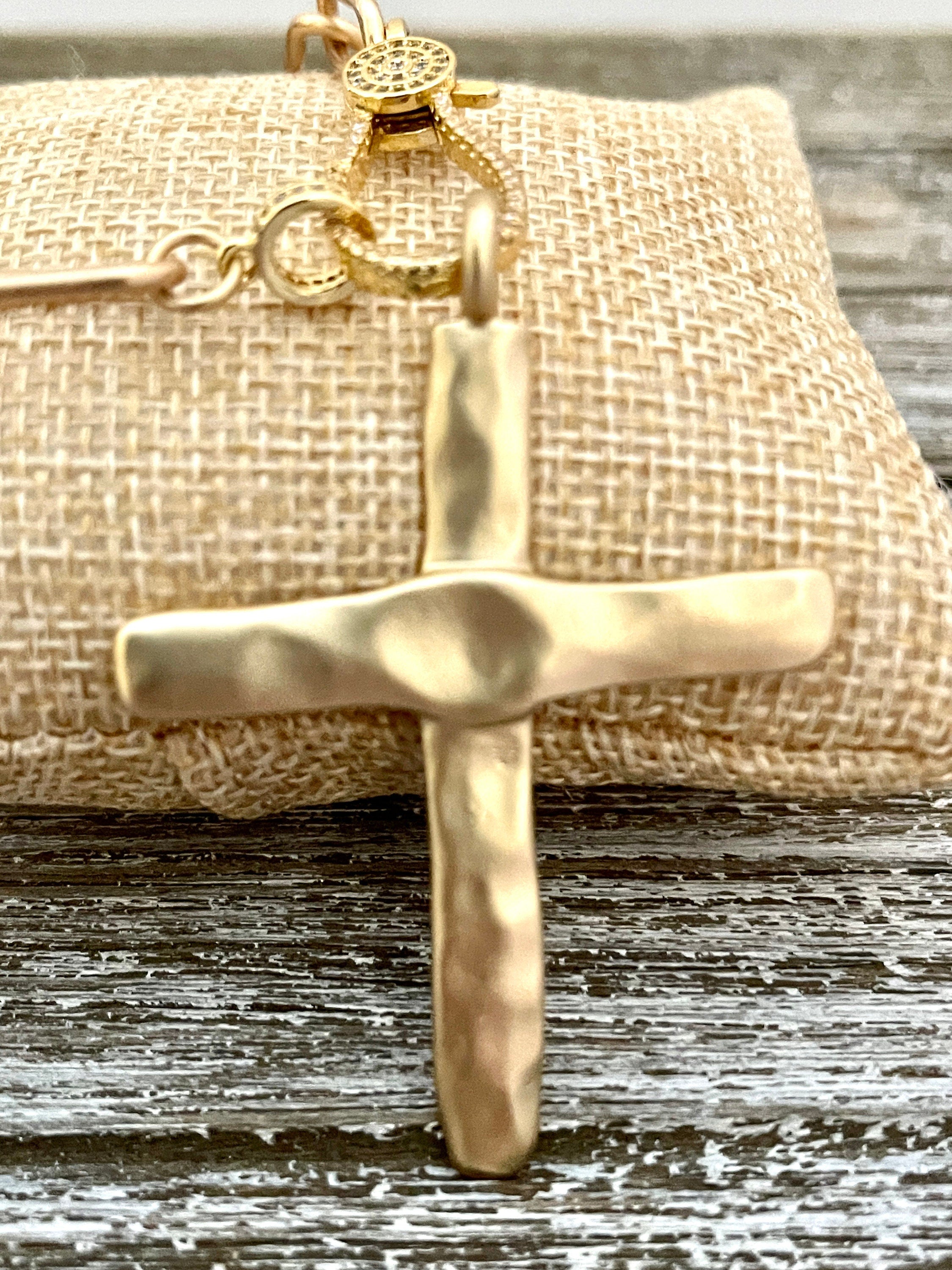 Matte Gold Cross Necklace,Micro Pave Carabiner Clasp,Matte Gold Paperclip Chain,Textured Brass Cross,ReligiousPendant