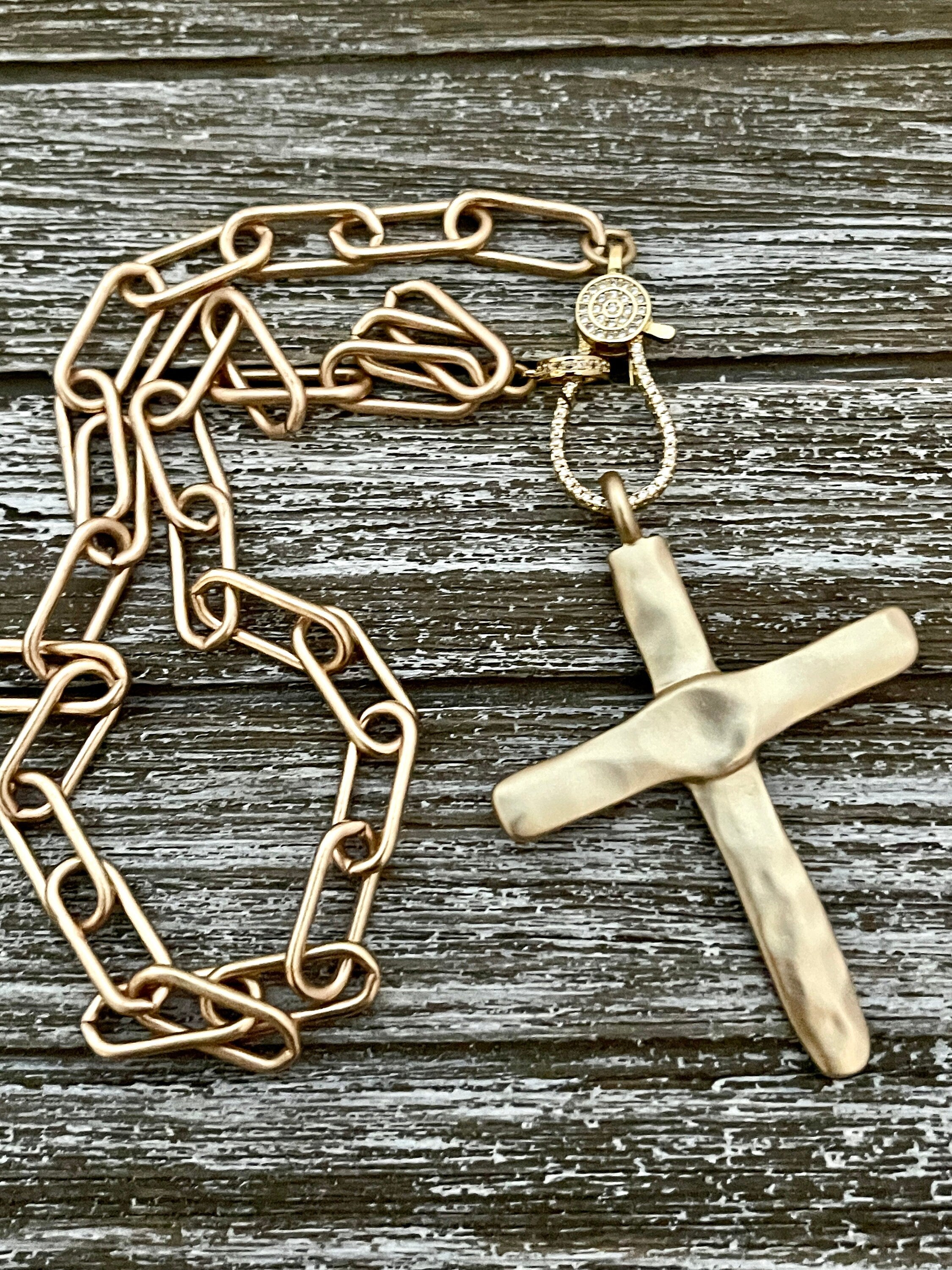 Matte Gold Cross Necklace,Micro Pave Carabiner Clasp,Matte Gold Paperclip Chain,Textured Brass Cross,ReligiousPendant