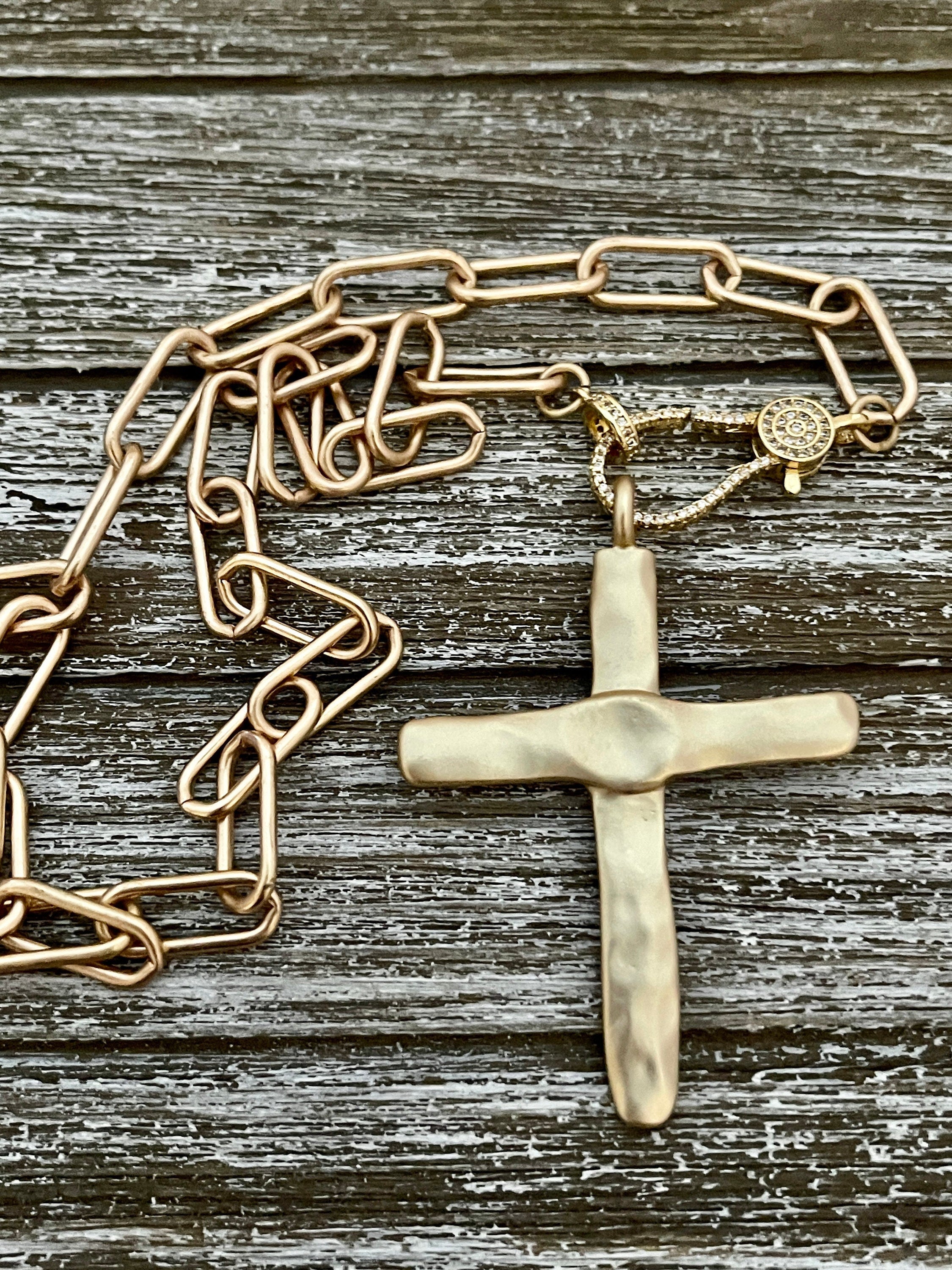 Matte Gold Cross Necklace,Micro Pave Carabiner Clasp,Matte Gold Paperclip Chain,Textured Brass Cross,ReligiousPendant