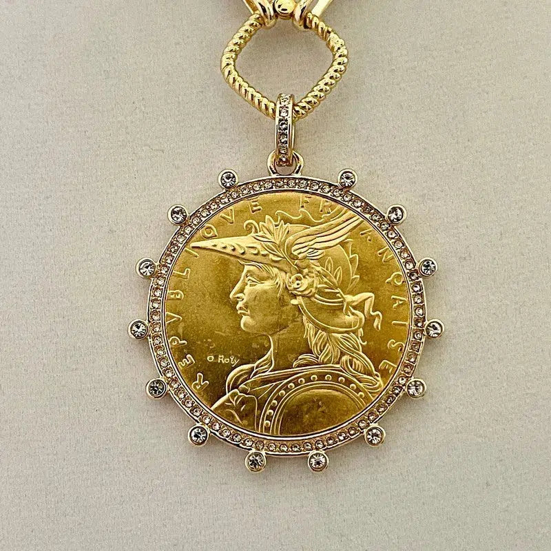 Gold Coin Necklace-Multi Link Chain Necklace-Reproduction Vintage French Madagascar Coin Pendant-Cubic Zirconia Bezel Coin-Spring Lock Clasp