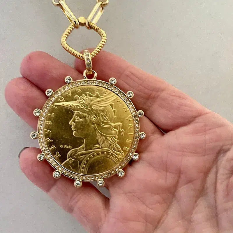 Gold Coin Necklace-Multi Link Chain Necklace-Reproduction Vintage French Madagascar Coin Pendant-Cubic Zirconia Bezel Coin-Spring Lock Clasp