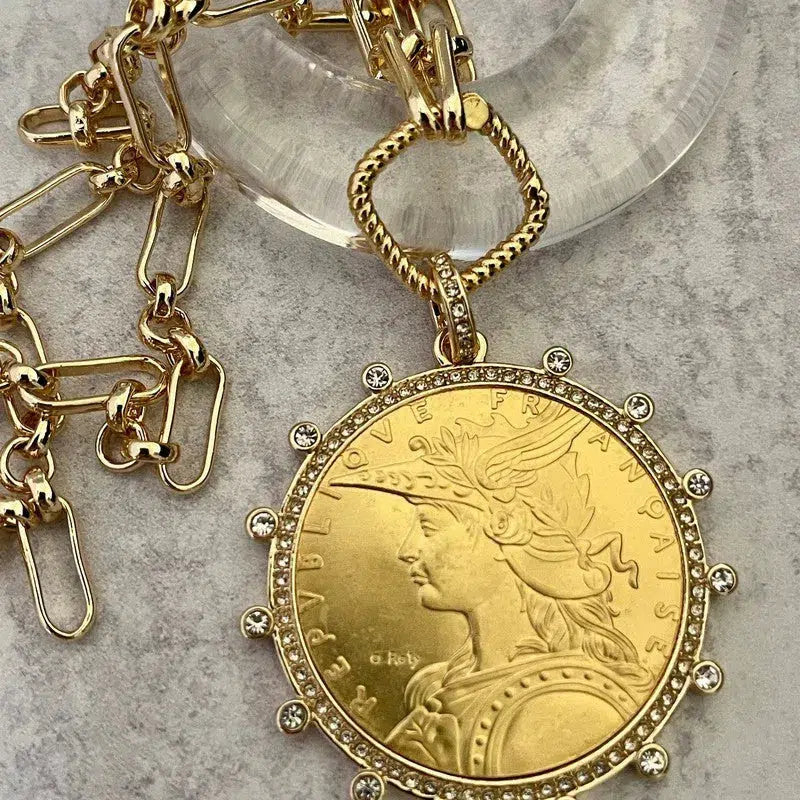 Gold Coin Necklace-Multi Link Chain Necklace-Reproduction Vintage French Madagascar Coin Pendant-Cubic Zirconia Bezel Coin-Spring Lock Clasp