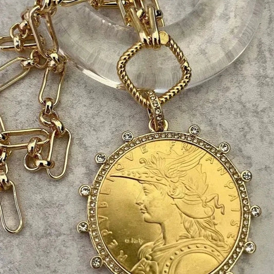 Gold Coin Necklace-Multi Link Chain Necklace-Reproduction Vintage French Madagascar Coin Pendant-Cubic Zirconia Bezel Coin-Spring Lock Clasp