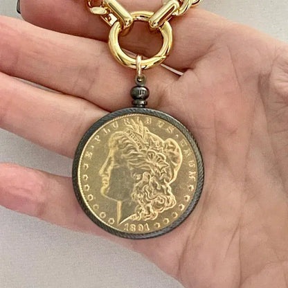 Gold Miami Cuban Chain Necklace-Gold Reproduction Morgan Dollar Coin-Coin Pendant-Gunmetal Bezel-Thick Chunky Chain-Spring Ring Clasp