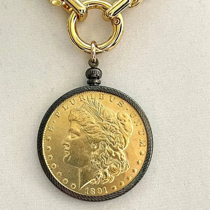 Gold Miami Cuban Chain Necklace-Gold Reproduction Morgan Dollar Coin-Coin Pendant-Gunmetal Bezel-Thick Chunky Chain-Spring Ring Clasp