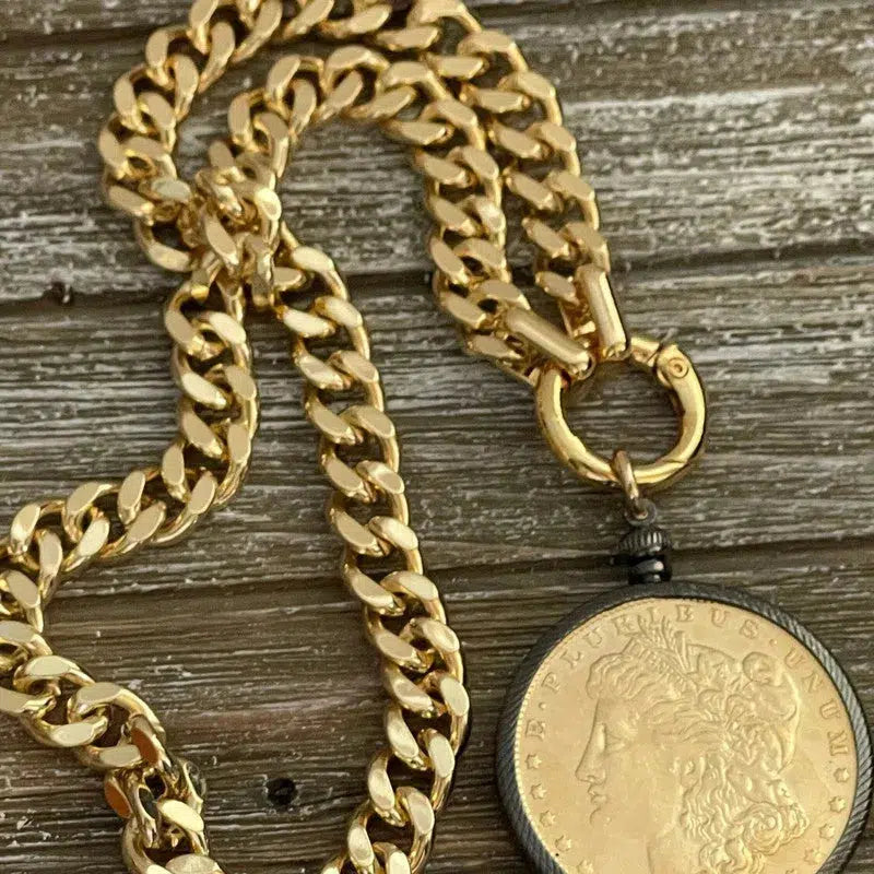 Gold Miami Cuban Chain Necklace-Gold Reproduction Morgan Dollar Coin-Coin Pendant-Gunmetal Bezel-Thick Chunky Chain-Spring Ring Clasp