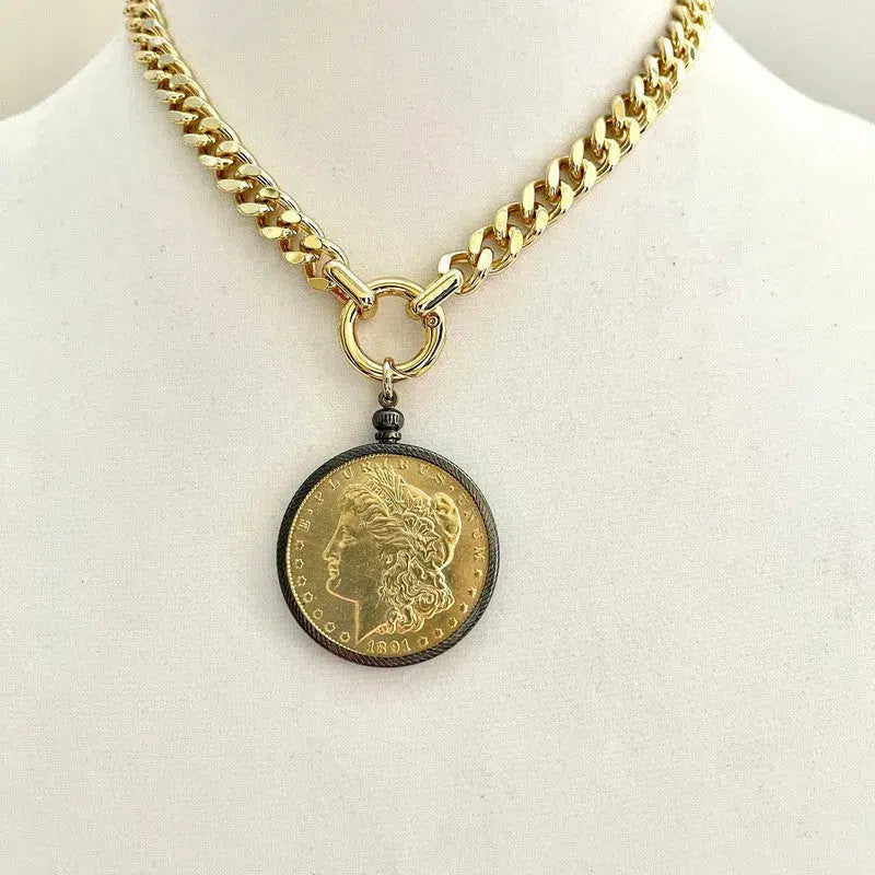 Gold Miami Cuban Chain Necklace-Gold Reproduction Morgan Dollar Coin-Coin Pendant-Gunmetal Bezel-Thick Chunky Chain-Spring Ring Clasp