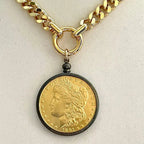 Gold Miami Cuban Chain Necklace-Gold Reproduction Morgan Dollar Coin-Coin Pendant-Gunmetal Bezel-Thick Chunky Chain-Spring Ring Clasp