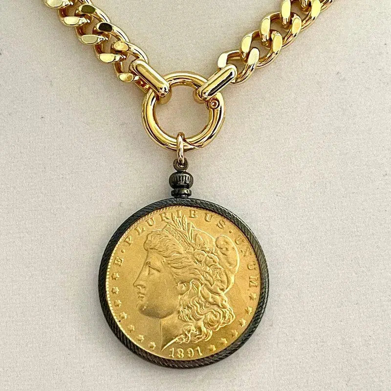 Gold Miami Cuban Chain Necklace-Gold Reproduction Morgan Dollar Coin-Coin Pendant-Gunmetal Bezel-Thick Chunky Chain-Spring Ring Clasp