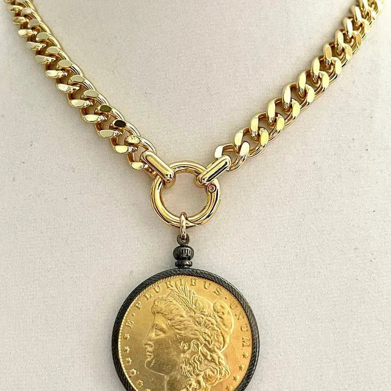 Gold Miami Cuban Chain Necklace-Gold Reproduction Morgan Dollar Coin-Coin Pendant-Gunmetal Bezel-Thick Chunky Chain-Spring Ring Clasp