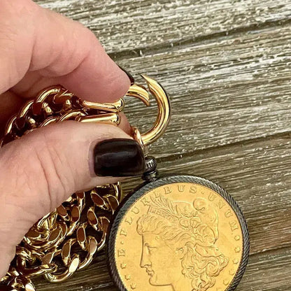 Gold Miami Cuban Chain Necklace-Gold Reproduction Morgan Dollar Coin-Coin Pendant-Gunmetal Bezel-Thick Chunky Chain-Spring Ring Clasp