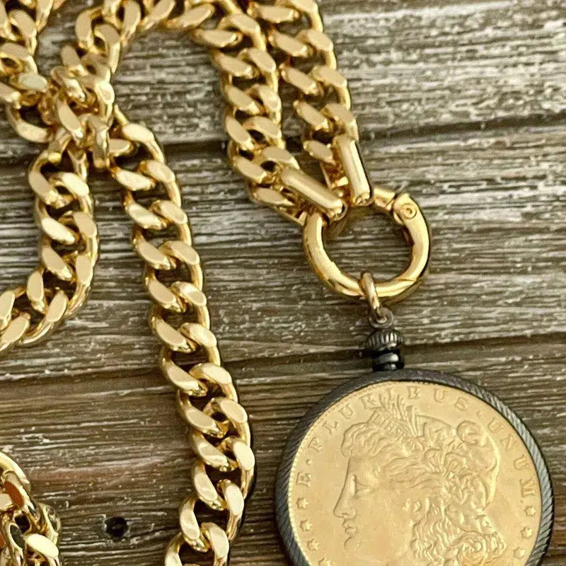 Gold Miami Cuban Chain Necklace-Gold Reproduction Morgan Dollar Coin-Coin Pendant-Gunmetal Bezel-Thick Chunky Chain-Spring Ring Clasp