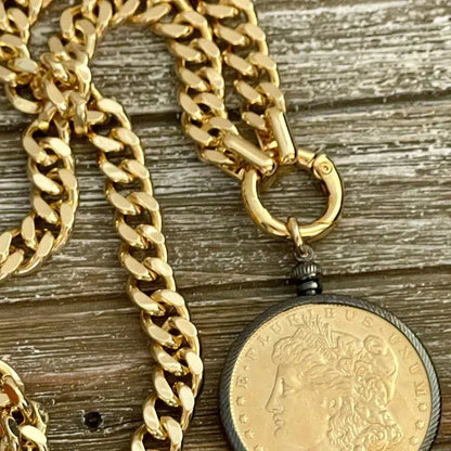 Gold Miami Cuban Chain Necklace-Gold Reproduction Morgan Dollar Coin-Coin Pendant-Gunmetal Bezel-Thick Chunky Chain-Spring Ring Clasp