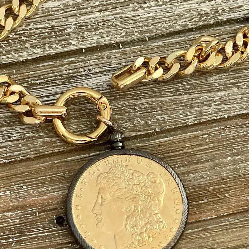 Gold Miami Cuban Chain Necklace-Gold Reproduction Morgan Dollar Coin-Coin Pendant-Gunmetal Bezel-Thick Chunky Chain-Spring Ring Clasp