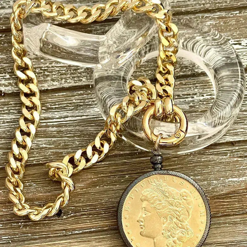 Gold Miami Cuban Chain Necklace-Gold Reproduction Morgan Dollar Coin-Coin Pendant-Gunmetal Bezel-Thick Chunky Chain-Spring Ring Clasp