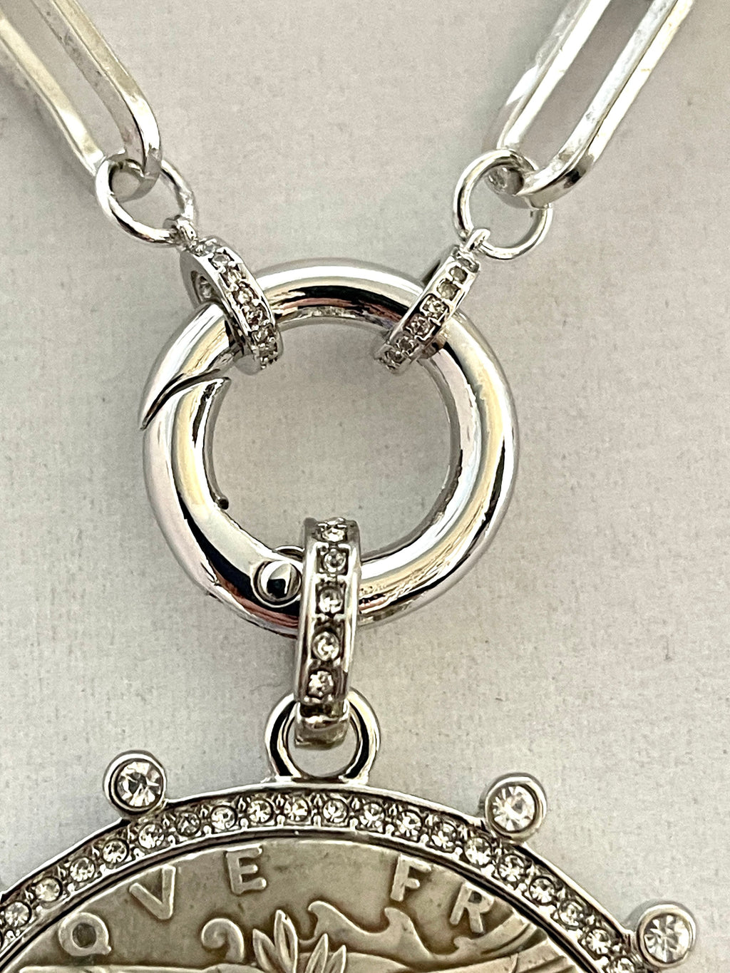 Vintage Coin Necklace-Silver Paperclip Chain-Reproduction French Madagascar Coin Pendant-Cubic Zirconia Bezel Coin-Spring Lock Clasp