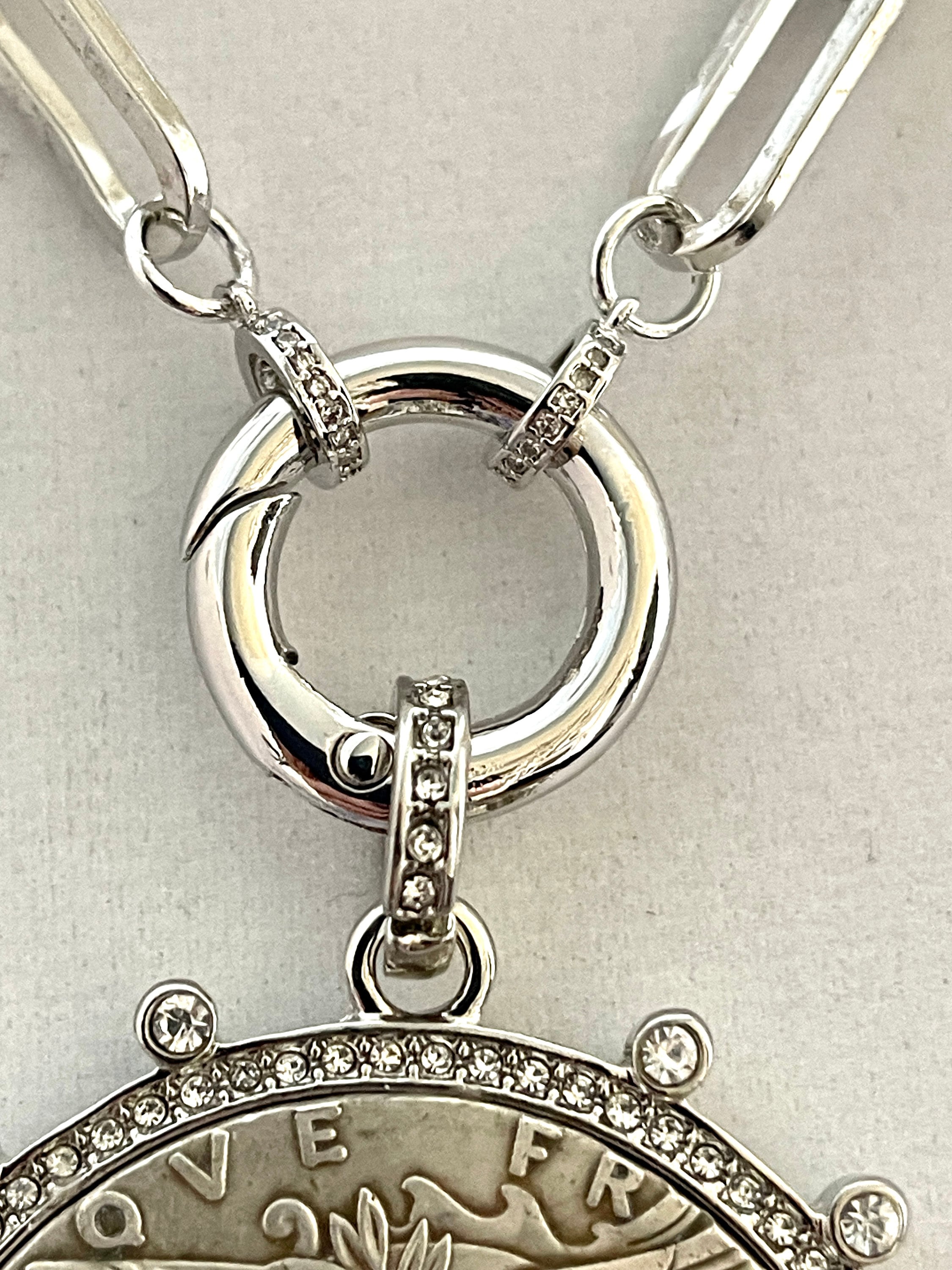 Vintage Coin Necklace-Silver Paperclip Chain-Reproduction French Madagascar Coin Pendant-Cubic Zirconia Bezel Coin-Spring Lock Clasp