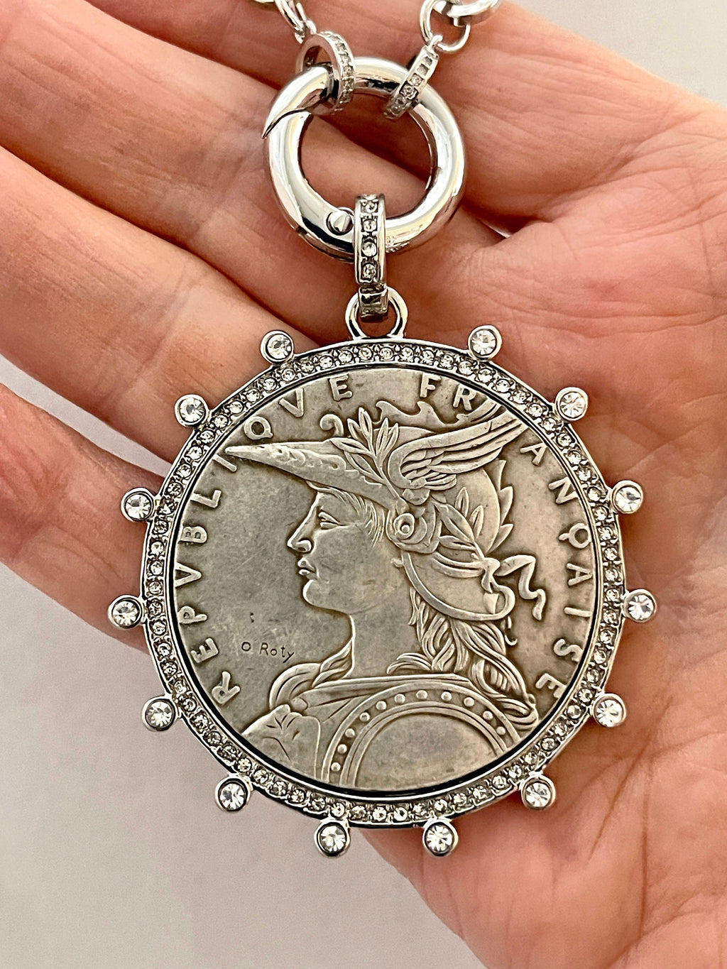 Vintage Coin Necklace-Silver Paperclip Chain-Reproduction French Madagascar Coin Pendant-Cubic Zirconia Bezel Coin-Spring Lock Clasp