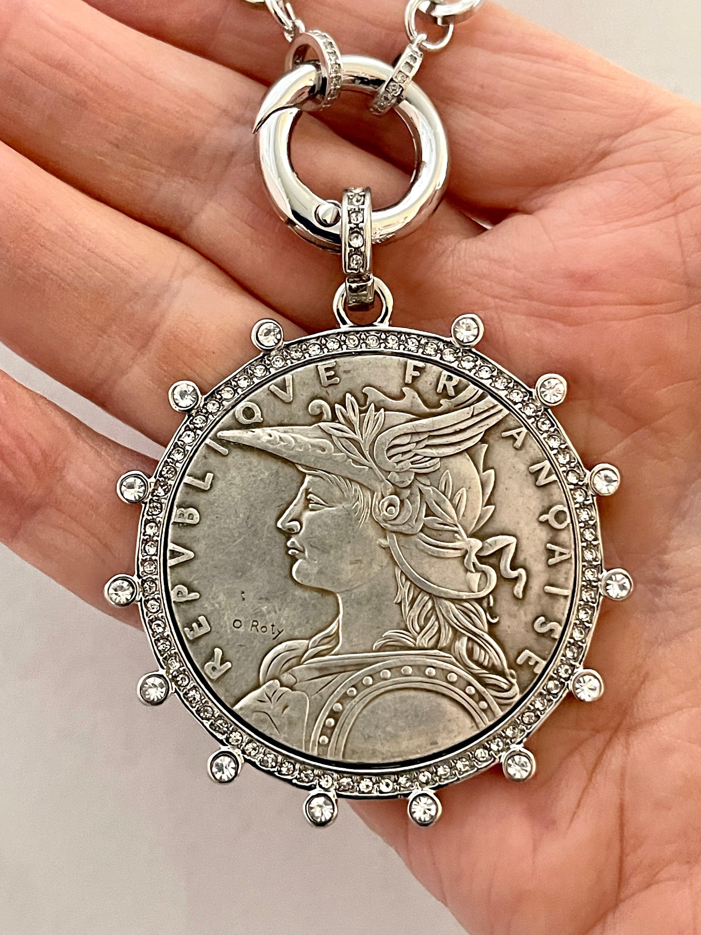 Vintage Coin Necklace-Silver Paperclip Chain-Reproduction French Madagascar Coin Pendant-Cubic Zirconia Bezel Coin-Spring Lock Clasp