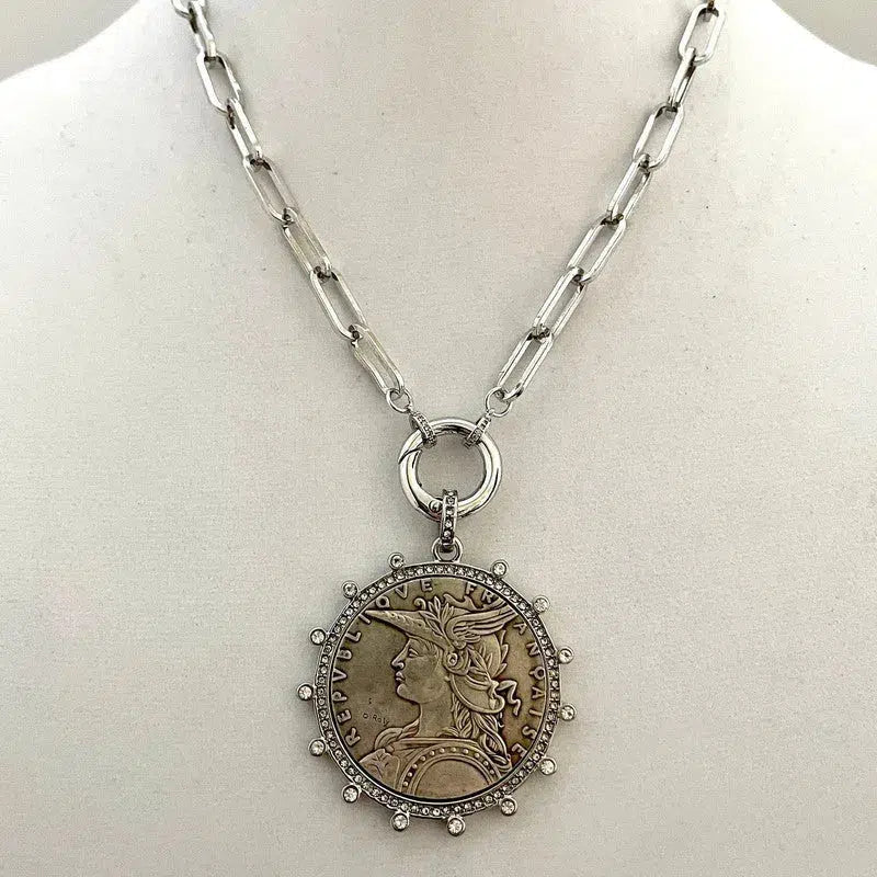 Vintage Coin Necklace-Silver Paperclip Chain-Reproduction French Madagascar Coin Pendant-Cubic Zirconia Bezel Coin-Spring Lock Clasp