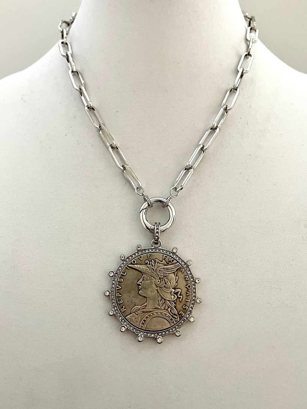 Vintage Coin Necklace-Silver Paperclip Chain-Reproduction French Madagascar Coin Pendant-Cubic Zirconia Bezel Coin-Spring Lock Clasp