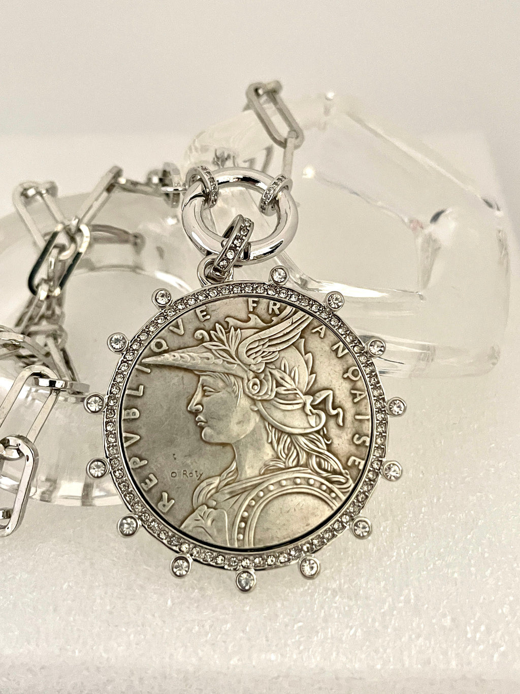 Vintage Coin Necklace-Silver Paperclip Chain-Reproduction French Madagascar Coin Pendant-Cubic Zirconia Bezel Coin-Spring Lock Clasp
