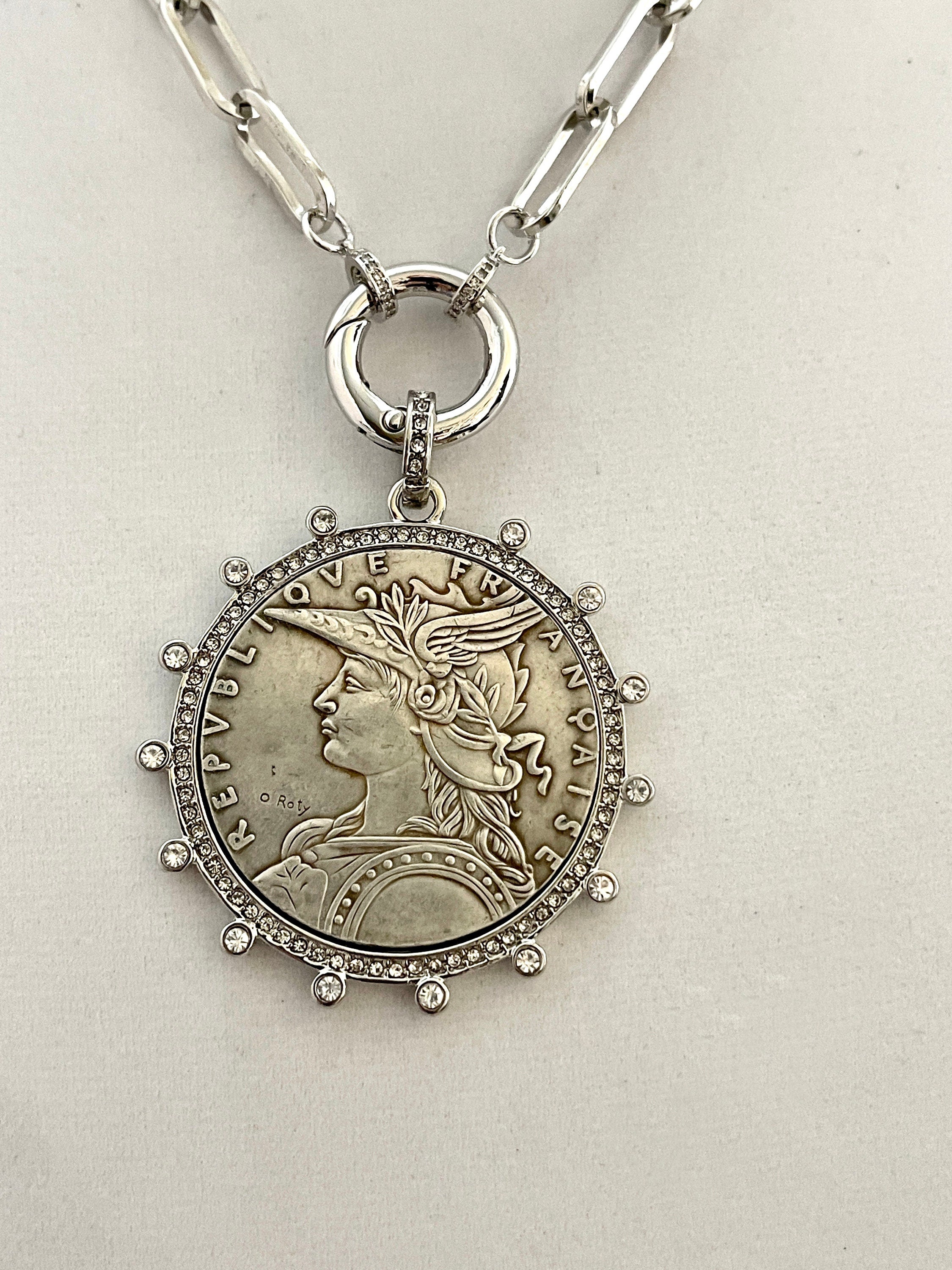 Vintage Coin Necklace-Silver Paperclip Chain-Reproduction French Madagascar Coin Pendant-Cubic Zirconia Bezel Coin-Spring Lock Clasp