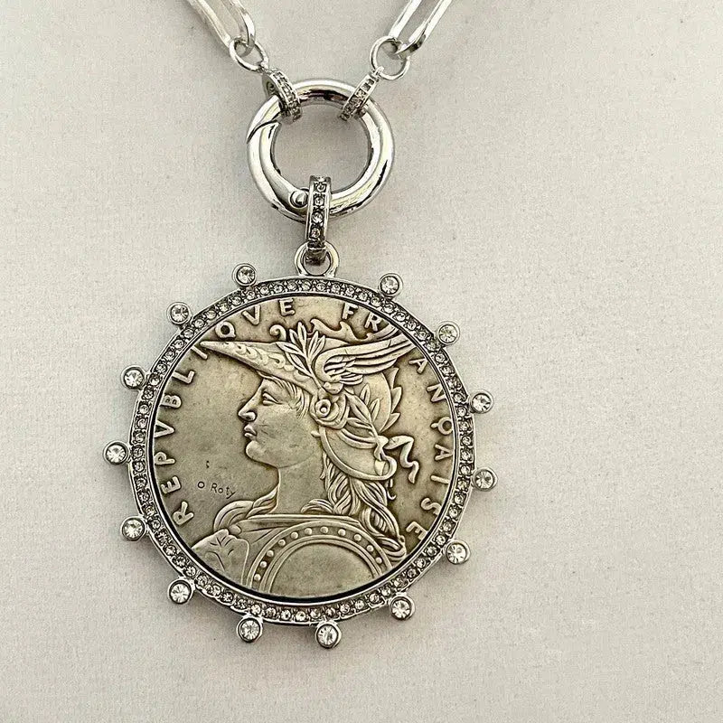 Vintage Coin Necklace-Silver Paperclip Chain-Reproduction French Madagascar Coin Pendant-Cubic Zirconia Bezel Coin-Spring Lock Clasp