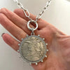 Vintage Coin Necklace-Silver Paperclip Chain-Reproduction French Madagascar Coin Pendant-Cubic Zirconia Bezel Coin-Spring Lock Clasp