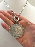 Vintage Coin Necklace-Silver Paperclip Chain-Reproduction French Madagascar Coin Pendant-Cubic Zirconia Bezel Coin-Spring Lock Clasp