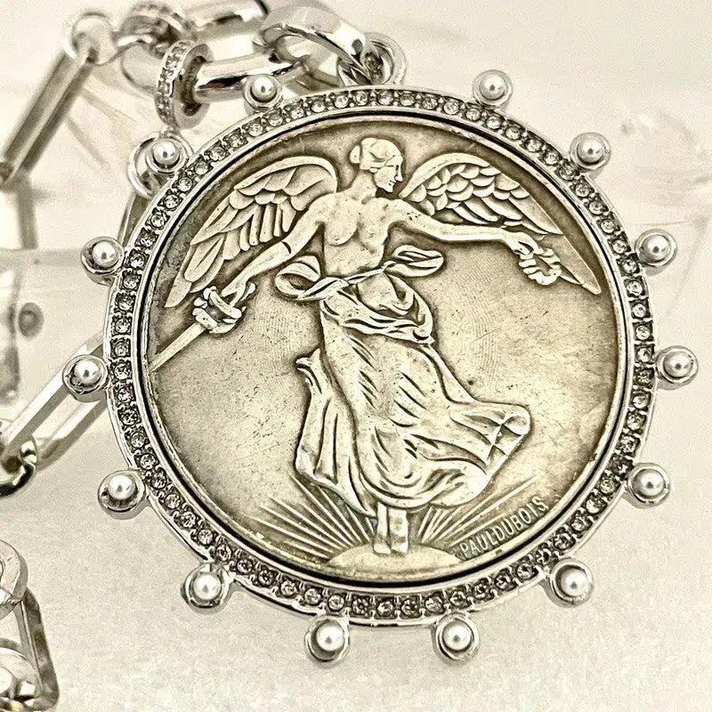 Silver French Commemorative Medal Necklace-Silver Paperclip Chain-Reproduction Coin Pendant- Pearl/Cubic Zirconia Bezel Coin Pendant