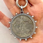 Silver French Commemorative Medal Necklace-Silver Paperclip Chain-Reproduction Coin Pendant- Pearl/Cubic Zirconia Bezel Coin Pendant