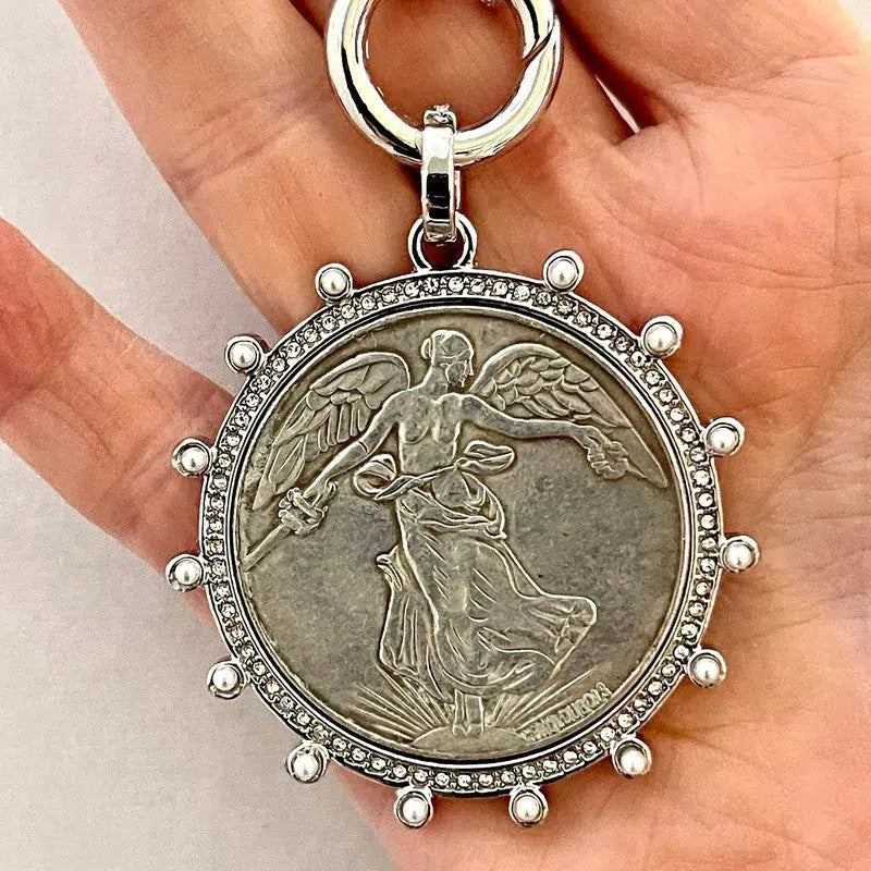 Silver French Commemorative Medal Necklace-Silver Paperclip Chain-Reproduction Coin Pendant- Pearl/Cubic Zirconia Bezel Coin Pendant