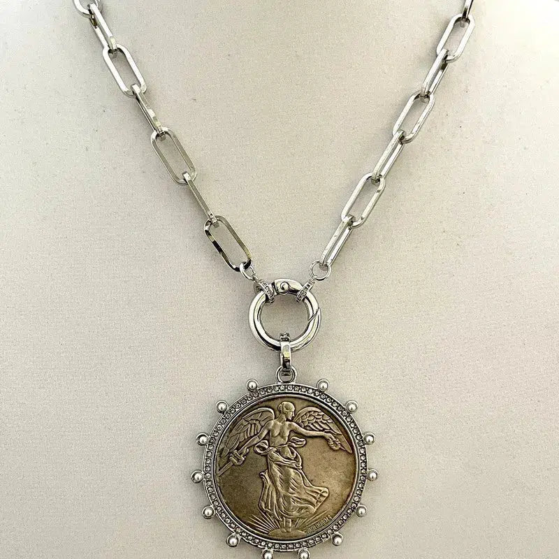 Silver French Commemorative Medal Necklace-Silver Paperclip Chain-Reproduction Coin Pendant- Pearl/Cubic Zirconia Bezel Coin Pendant